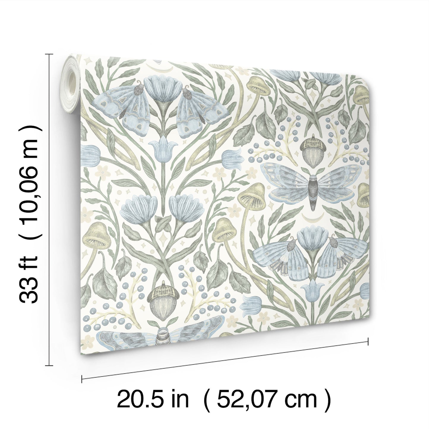 Roll of botanical wallpaper with blue flowers and pale green leaves on ivory background; 20.5 in x 33 ft.