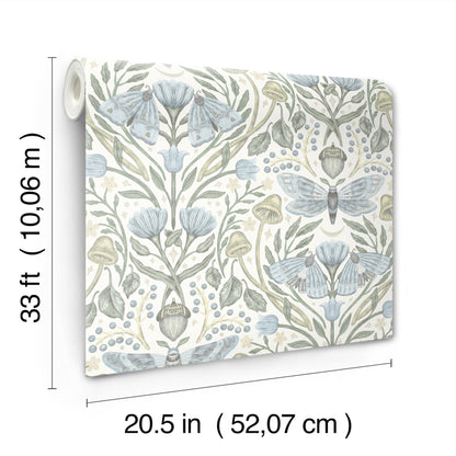 Roll of botanical wallpaper with blue flowers and pale green leaves on ivory background; 20.5 in x 33 ft.