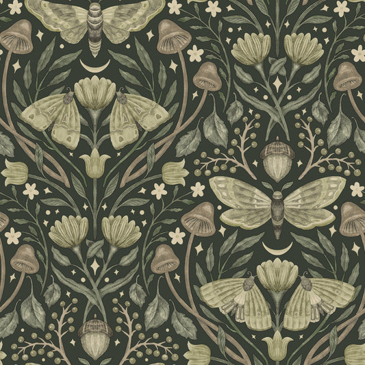 York Wallcoverings Chesapeake Mystic Moth Dark Green Forest Magic Wallpaper Animals Eclectic Dark Green  Wallpaper - 4169-83120