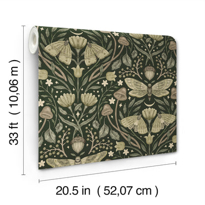 York Wallcoverings Chesapeake Mystic Moth Dark Green Forest Magic Wallpaper Animals Eclectic Dark Green  Wallpaper - 4169-83120