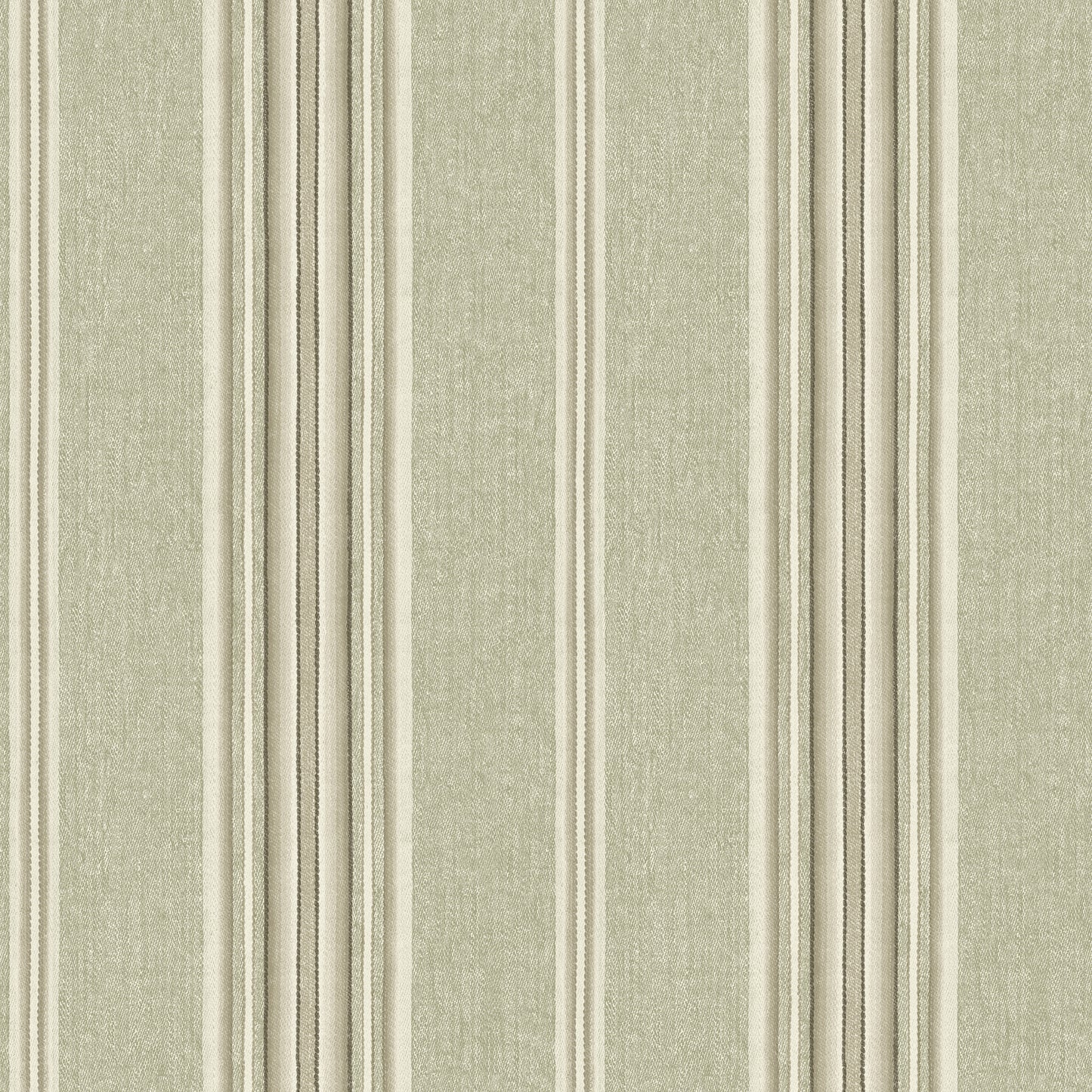 Moss linen-textured wallpaper with vertical cream and beige stripes.