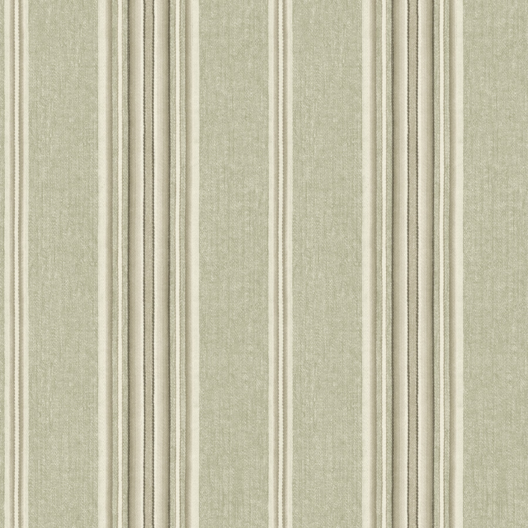 Moss linen-textured wallpaper with vertical cream and beige stripes.