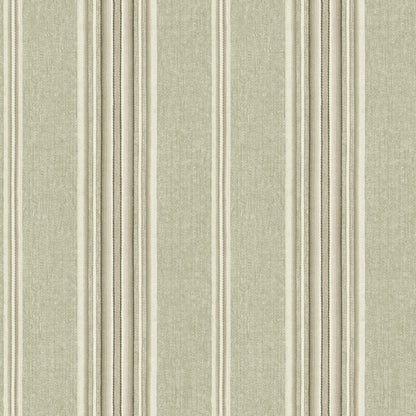 Moss linen-textured wallpaper with vertical cream and beige stripes.