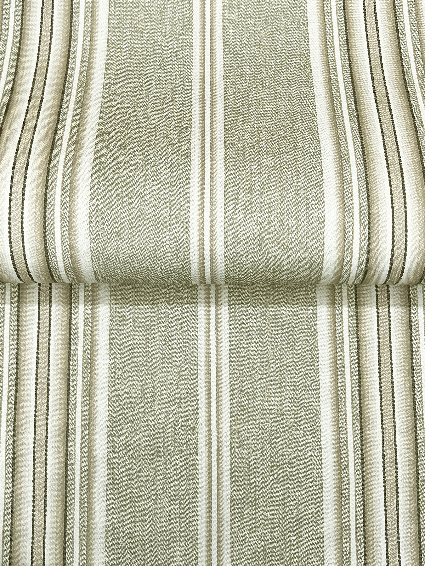 Green-beige striped wallpaper with a linen-like texture and cream vertical stripes; folded wallcovering sheet.