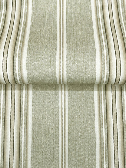 Green-beige striped wallpaper with a linen-like texture and cream vertical stripes; folded wallcovering sheet.