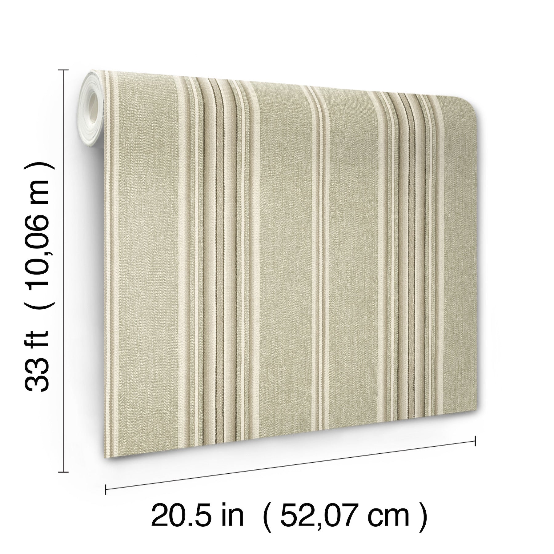 Beige linen-textured wallpaper panel with vertical cream stripes; rolled edge on left, dims 33 ft by 20.5 in