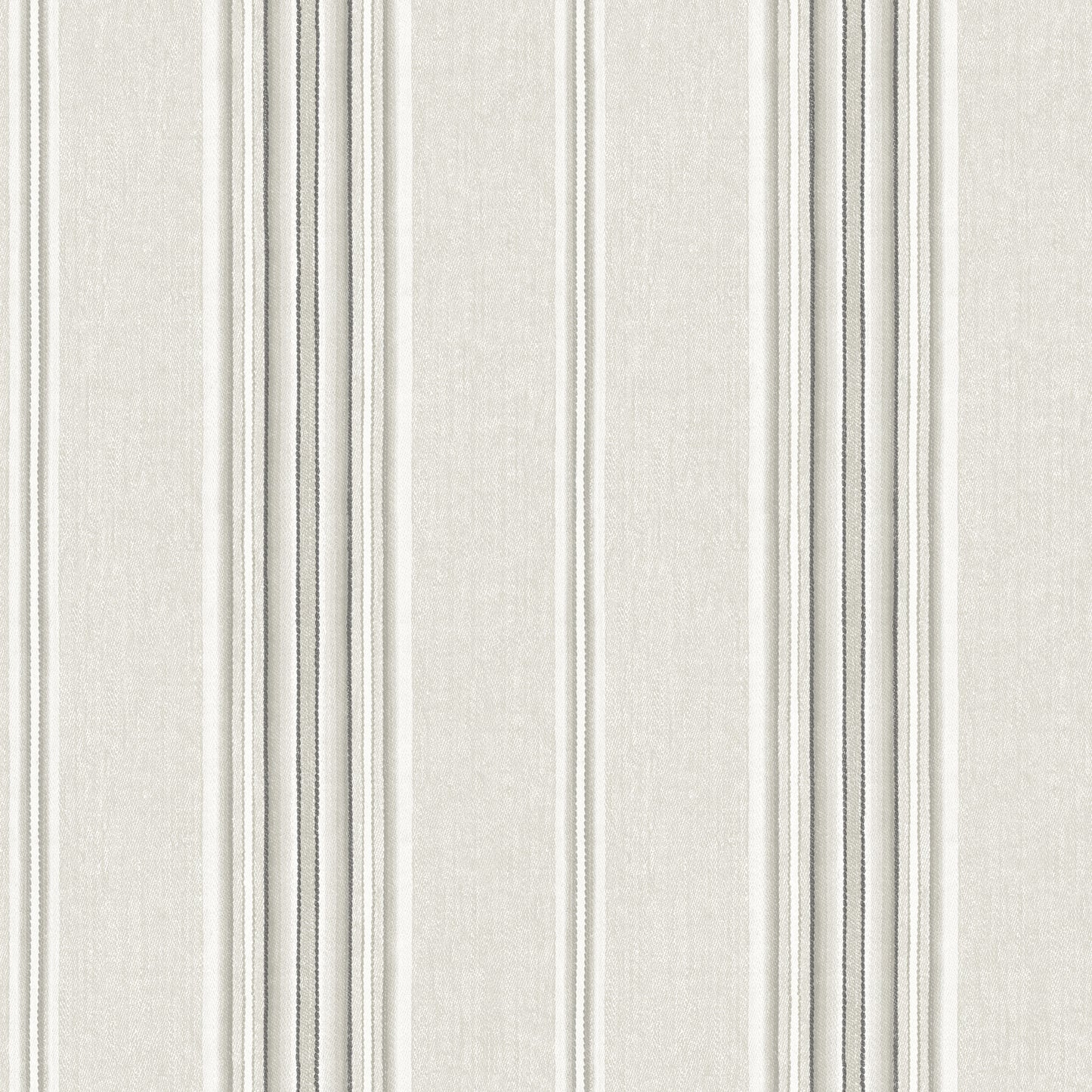 Beige linen-look wallpaper with vertical gray and charcoal ticking stripes.