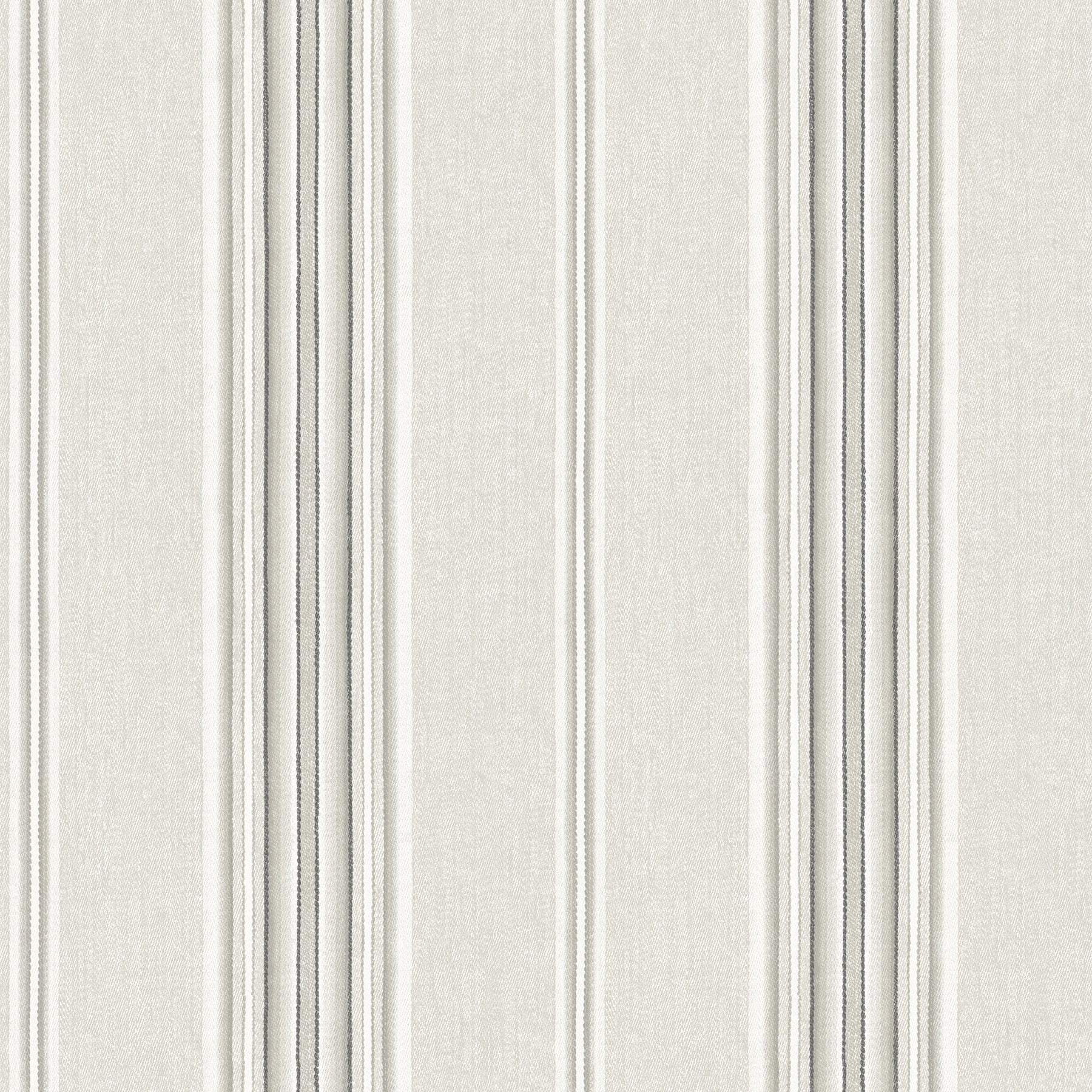Beige linen-look wallpaper with vertical gray and charcoal ticking stripes.