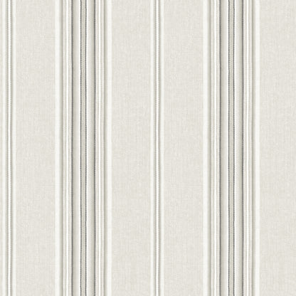 Beige linen-look wallpaper with vertical gray and charcoal ticking stripes.