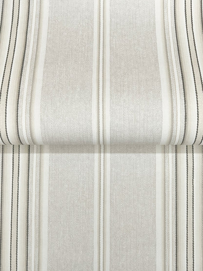 Cream-colored linen-stripe wallpaper with vertical beige, gray, and black stripes; textured surface and folded edge.