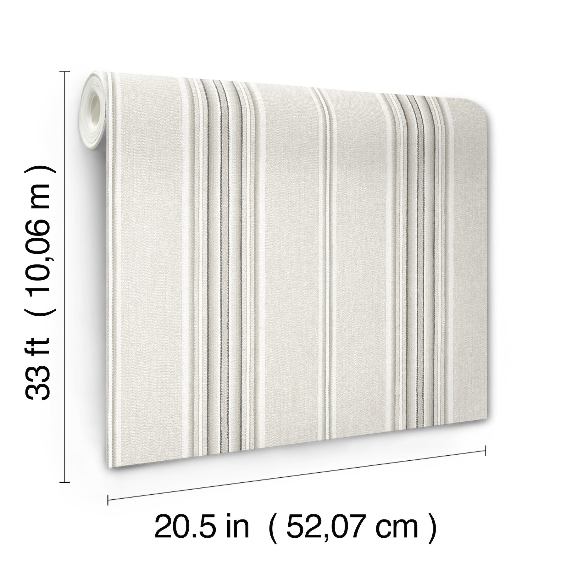 Grey linen stripe wallpaper roll with fabric texture; 20.5 in width x 33 ft length.