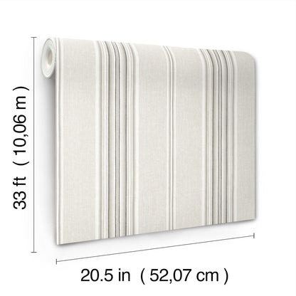 Grey linen stripe wallpaper roll with fabric texture; 20.5 in width x 33 ft length.