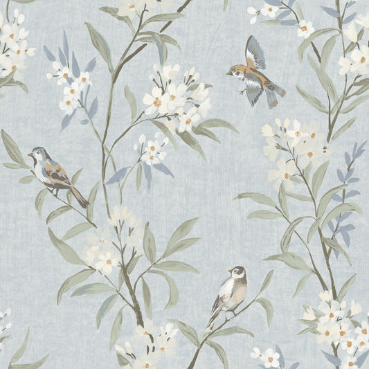 York Wallcoverings Chesapeake Tea Olive Light Blue Finch Frolic Wallpaper Animals Transitional Light Blue  Wallpaper - 4169-83140