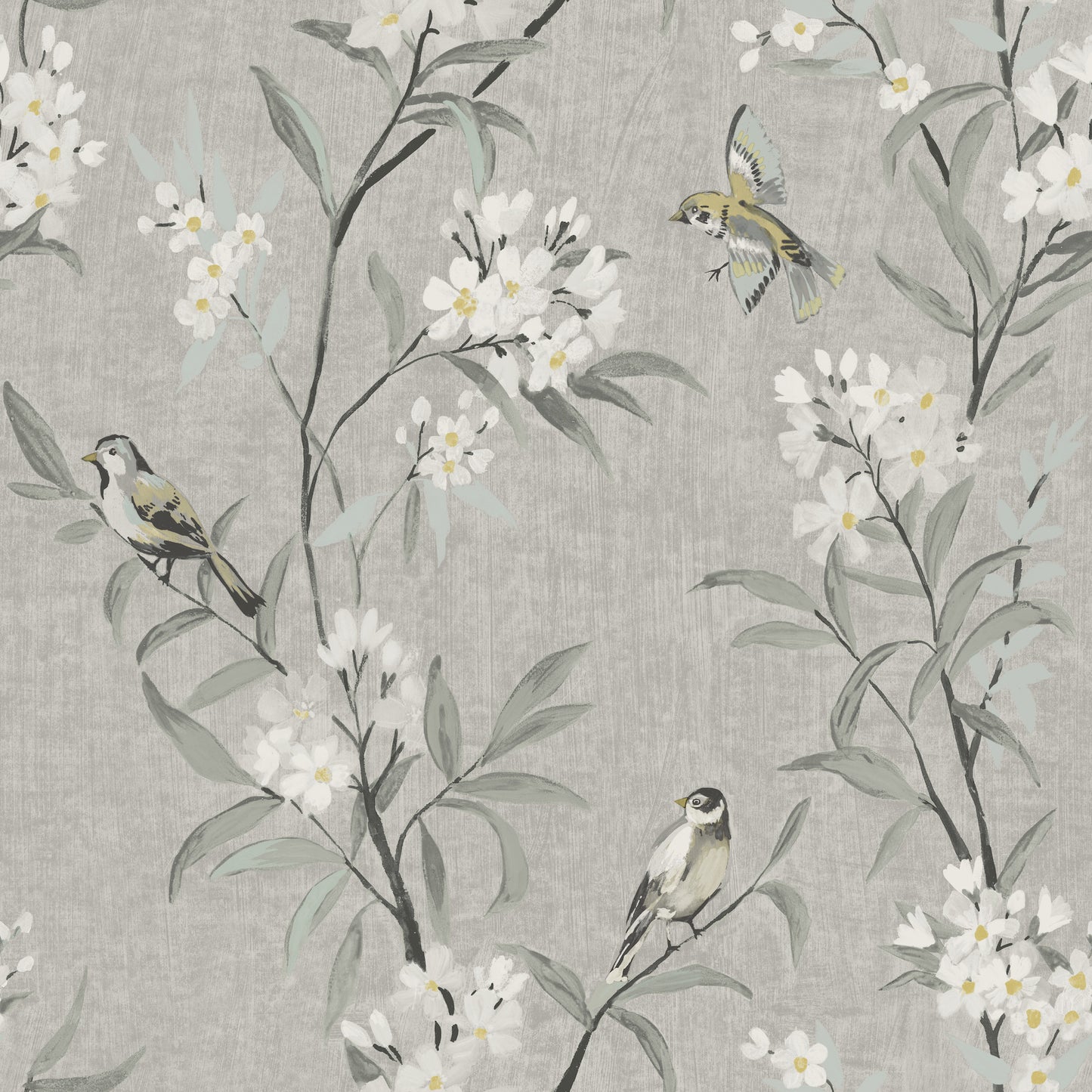 Olive gray botanical wallpaper with white flowers, gray-green leaves, and finches perched on branches