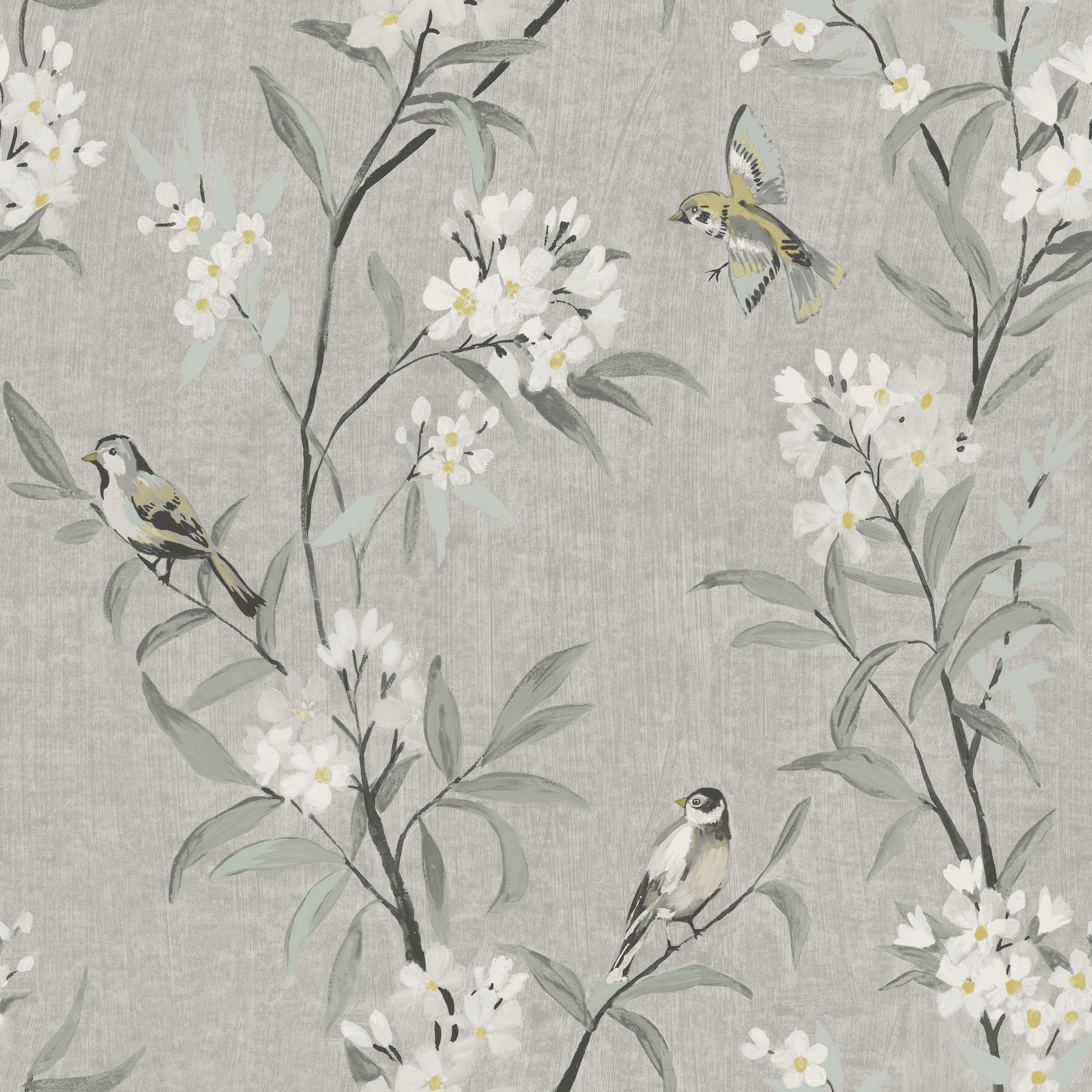 Olive gray botanical wallpaper with white flowers, gray-green leaves, and finches perched on branches