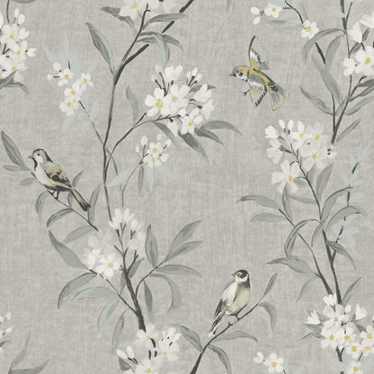 Olive gray botanical wallpaper with white flowers, gray-green leaves, and finches perched on branches
