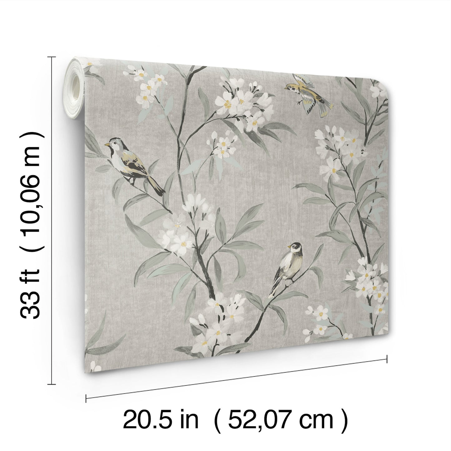 Gray floral wallpaper panel with birds on flowering branches; linen texture, neutral tones, 20.5 in wide by 33 ft long.