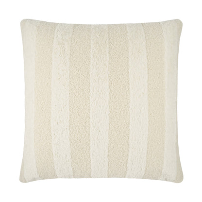Cream and beige striped square throw pillow with faux fur texture