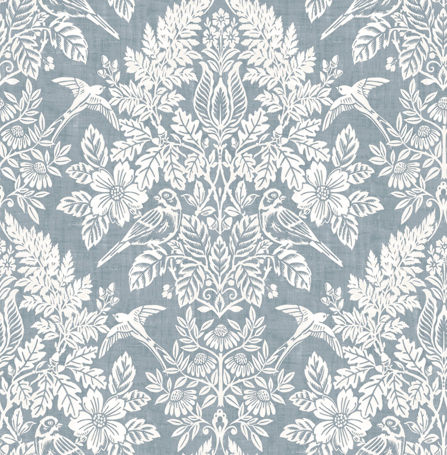 Light blue wallpaper with a white damask floral pattern featuring birds, flowers and leaves.