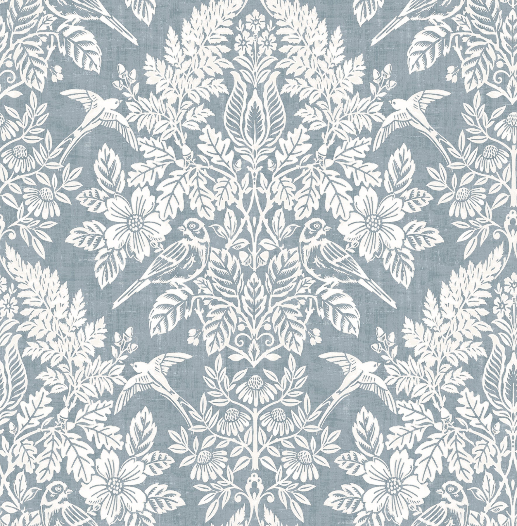 Light blue wallpaper with a white damask floral pattern featuring birds, flowers and leaves.