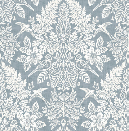 Light blue wallpaper with a white damask floral pattern featuring birds, flowers and leaves.