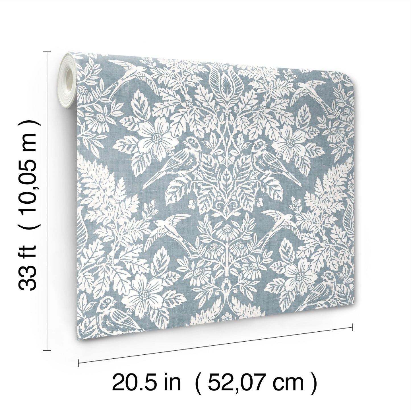 Wallpaper roll with white botanical and bird motif on blue-gray background; 20.5 in x 33 ft.