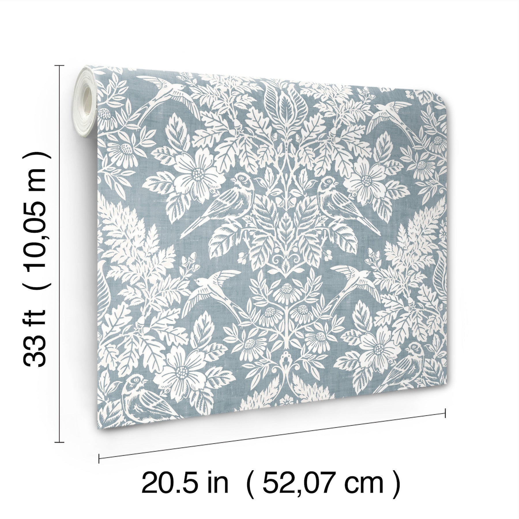 Wallpaper roll with white botanical and bird motif on blue-gray background; 20.5 in x 33 ft.