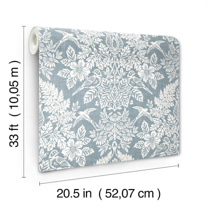 Wallpaper roll with white botanical and bird motif on blue-gray background; 20.5 in x 33 ft.