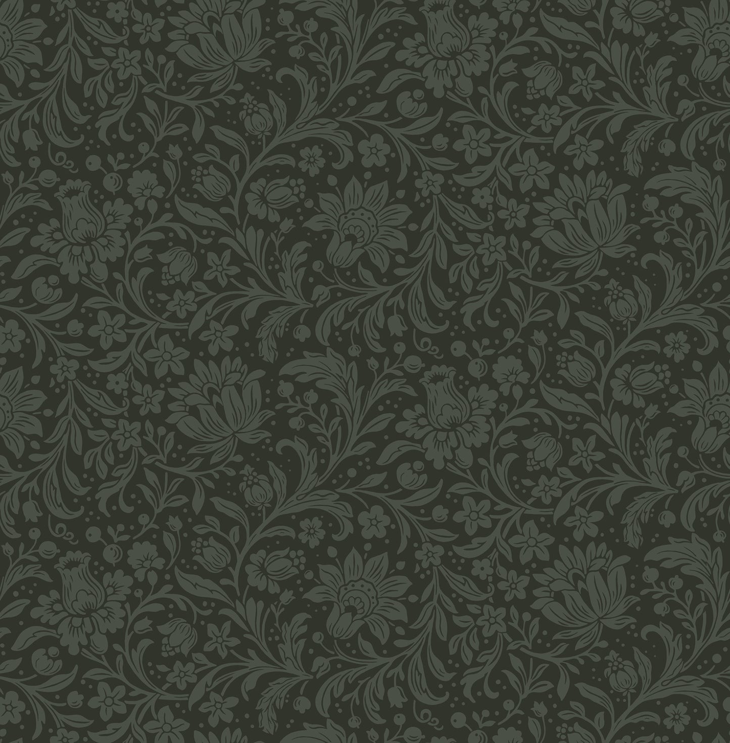 Dark green damask floral pattern with flowing vines on a muted background.