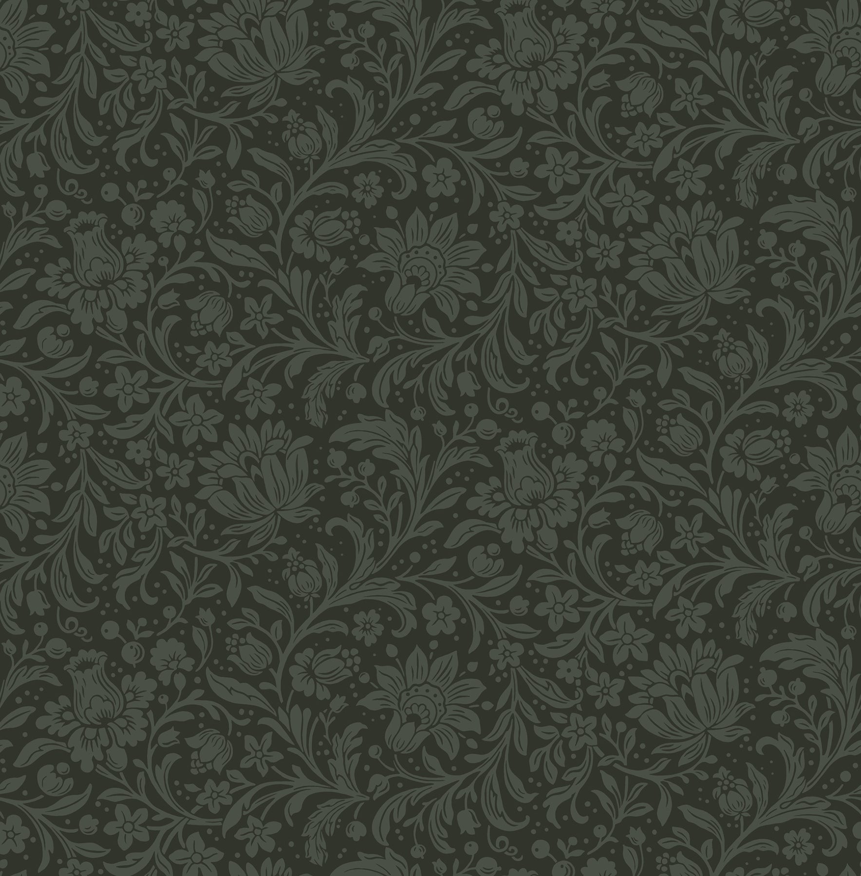 Dark green damask floral pattern with flowing vines on a muted background.