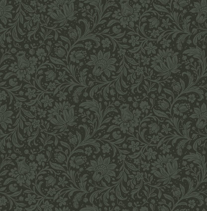 Dark green damask floral pattern with flowing vines on a muted background.