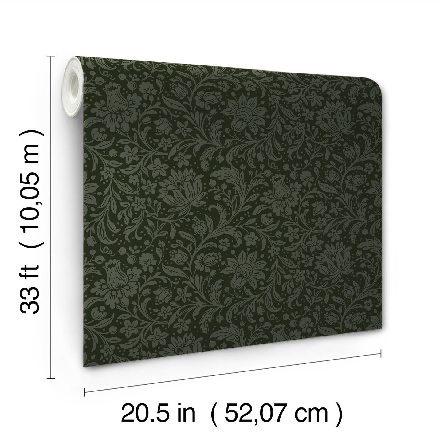 Dark green damask floral wallpaper roll with ornate pattern; 20.5 in wide by 33 ft long.