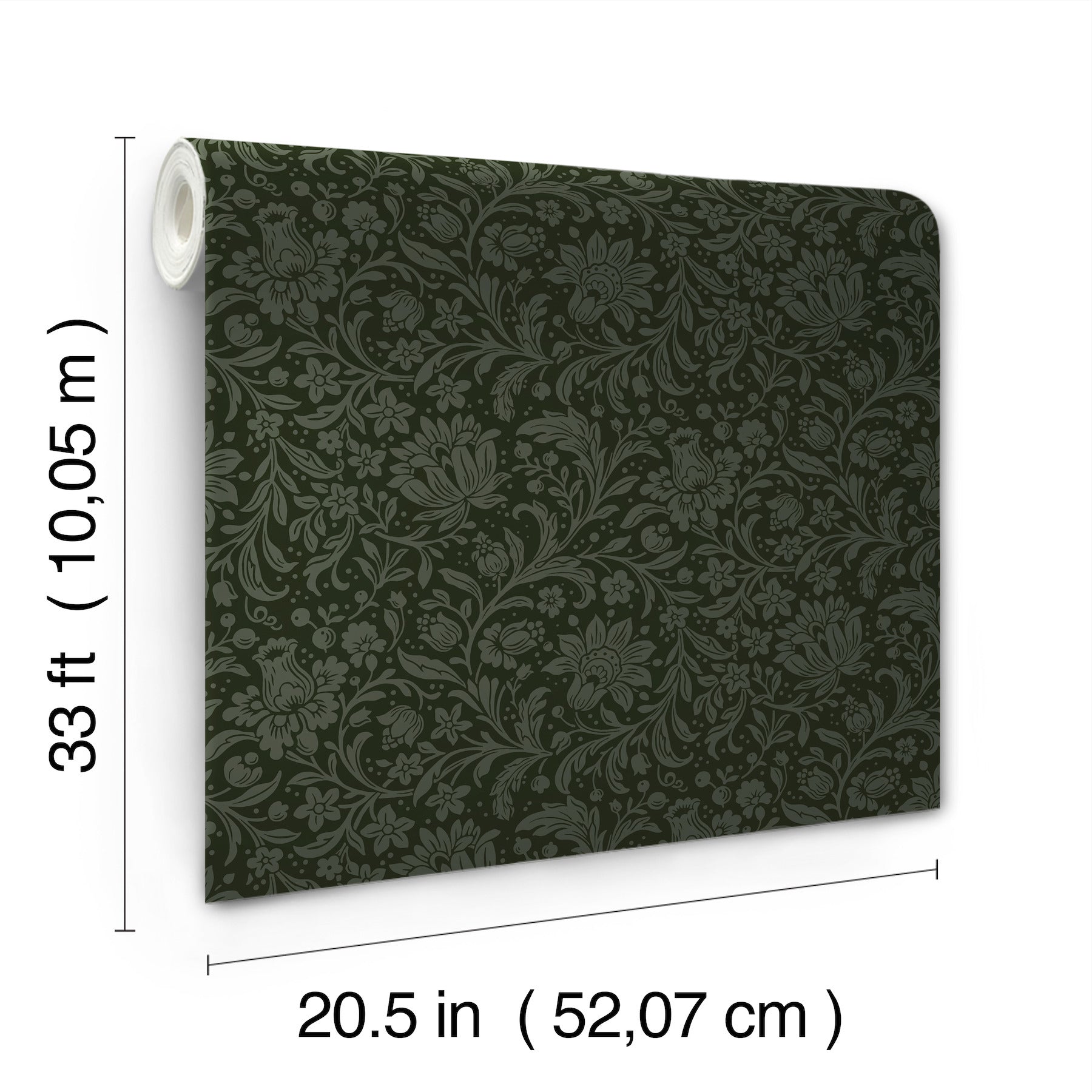 Dark green damask floral wallpaper roll with ornate pattern; 20.5 in wide by 33 ft long.