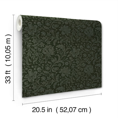 Dark green damask floral wallpaper roll with ornate pattern; 20.5 in wide by 33 ft long.