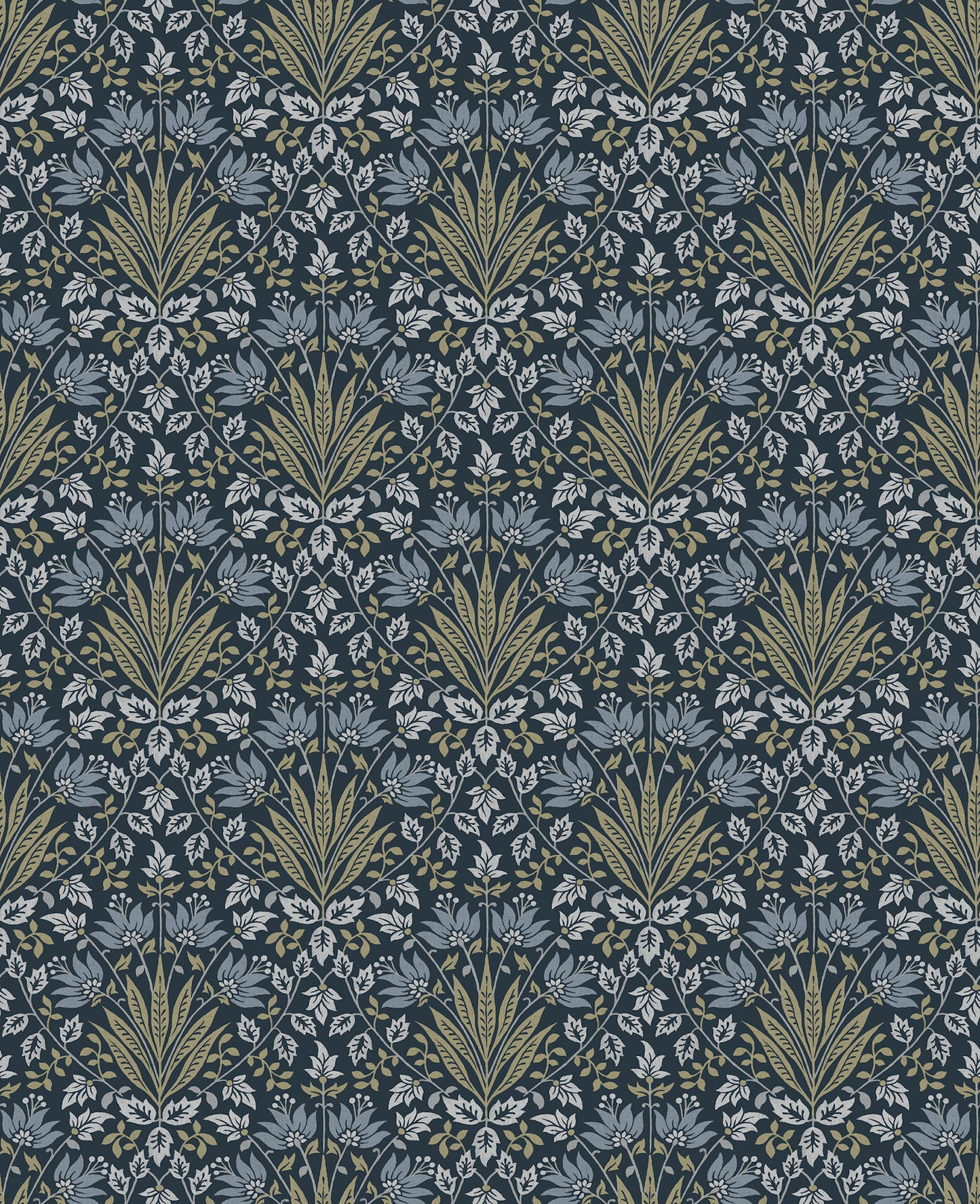 Dark navy wallpaper with repeating olive-green palm-leaf fans and pale gray-blue florals.
