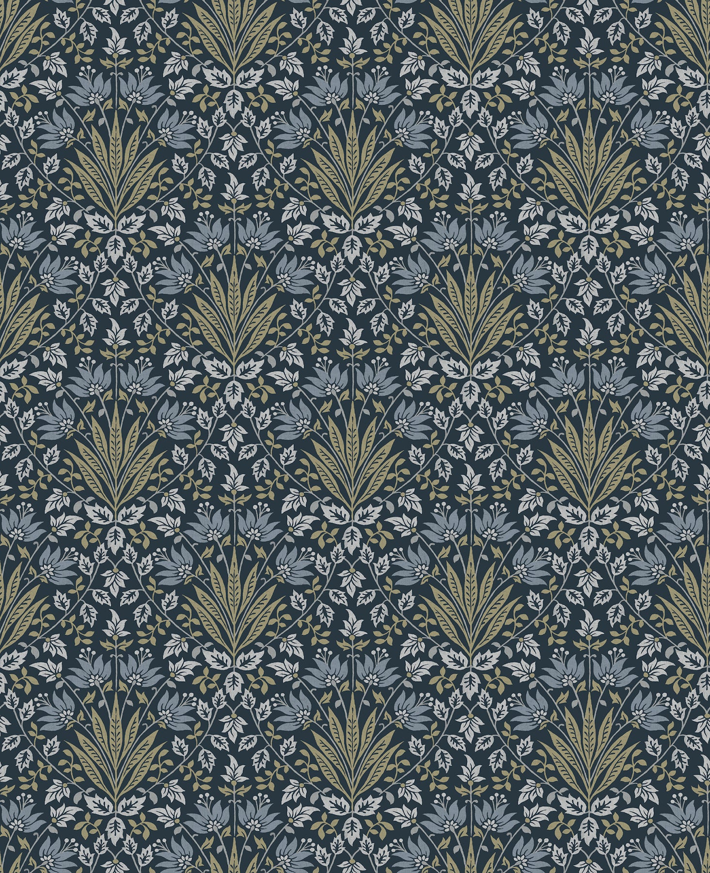Dark navy wallpaper with repeating olive-green palm-leaf fans and pale gray-blue florals.