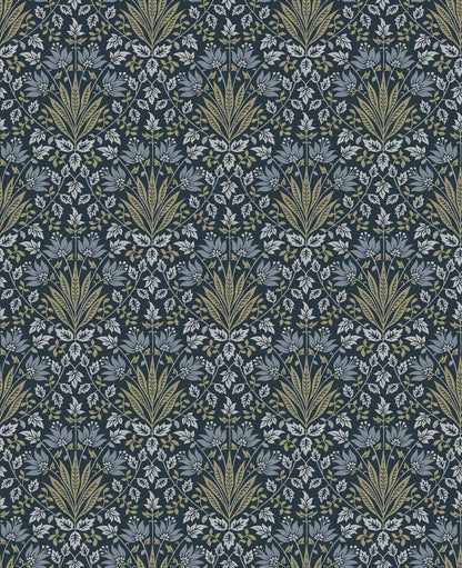 Dark navy wallpaper with repeating olive-green palm-leaf fans and pale gray-blue florals.