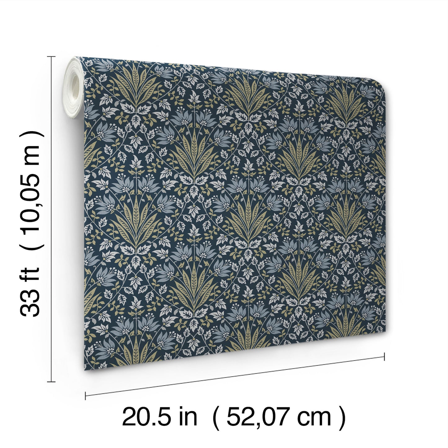 Roll of navy wallpaper with gold botanical fan motif and pale leaves; 20.5 in wide, 33 ft long.