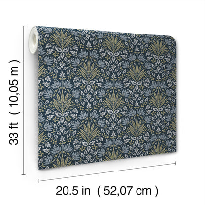 Roll of navy wallpaper with gold botanical fan motif and pale leaves; 20.5 in wide, 33 ft long.