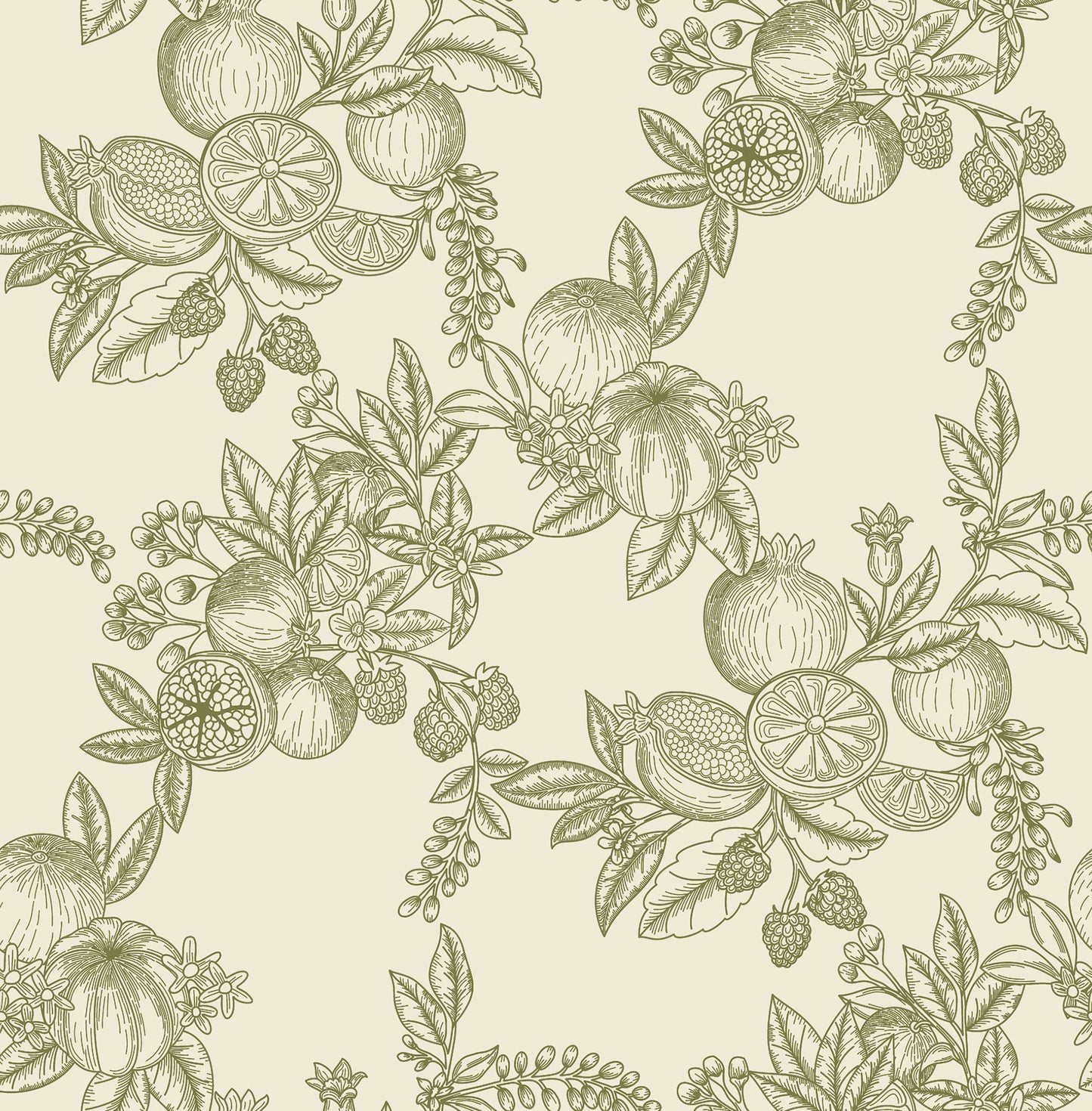 Olive-green citrus fruit and leaf botanical pattern on beige background; seamless wallpaper design.