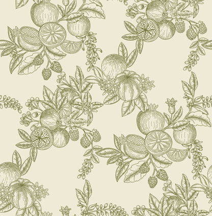 Olive-green citrus fruit and leaf botanical pattern on beige background; seamless wallpaper design.