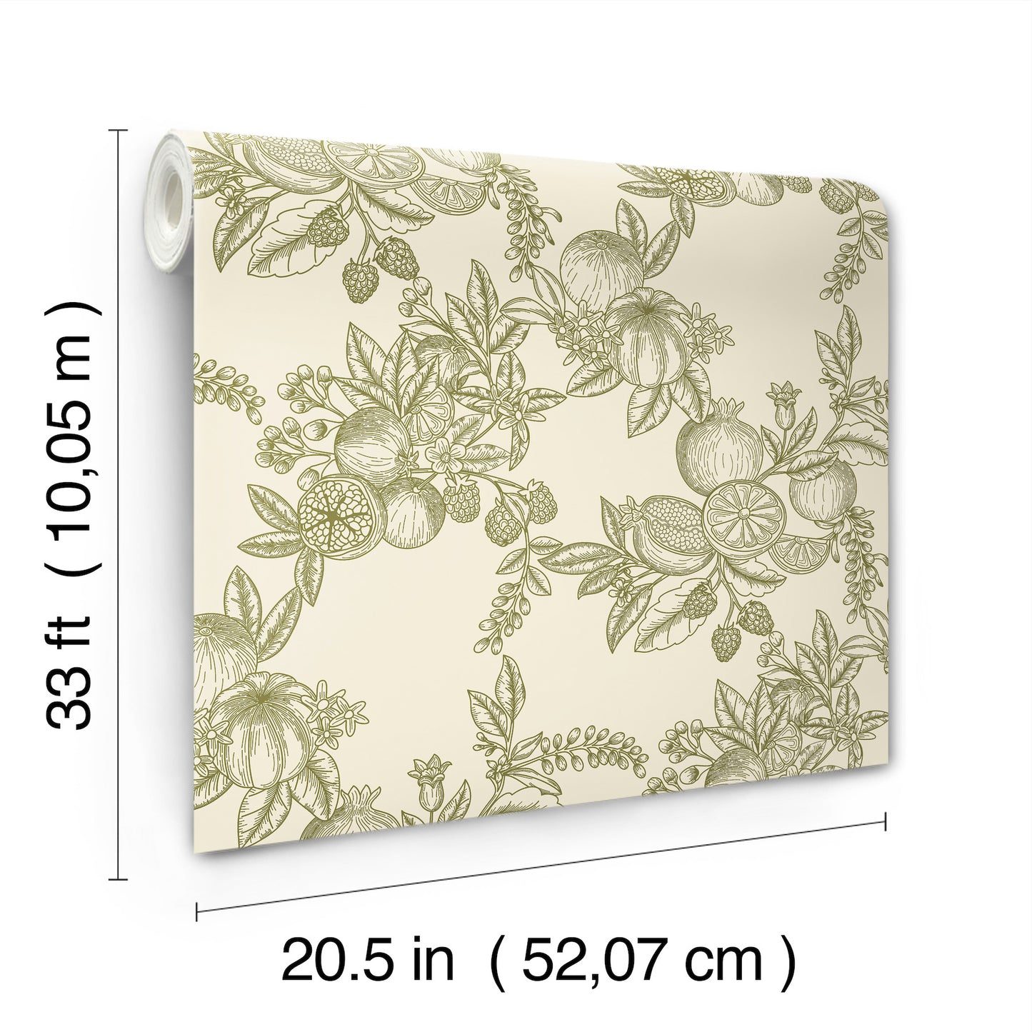 Beige wallpaper with olive-green citrus botanical pattern (lemons/oranges) and leaves; rolled edge, 20.5 in x 33 ft.
