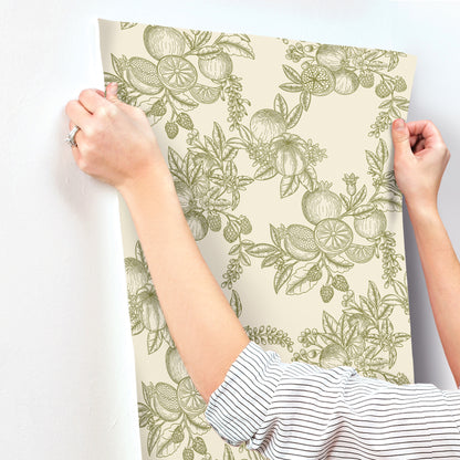 Beige wallpaper panel with a green botanical fruit and leaf pattern, held by hands in striped sleeves.