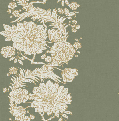 Green floral columns wallpaper with a botanical pattern on a textured sage green background.