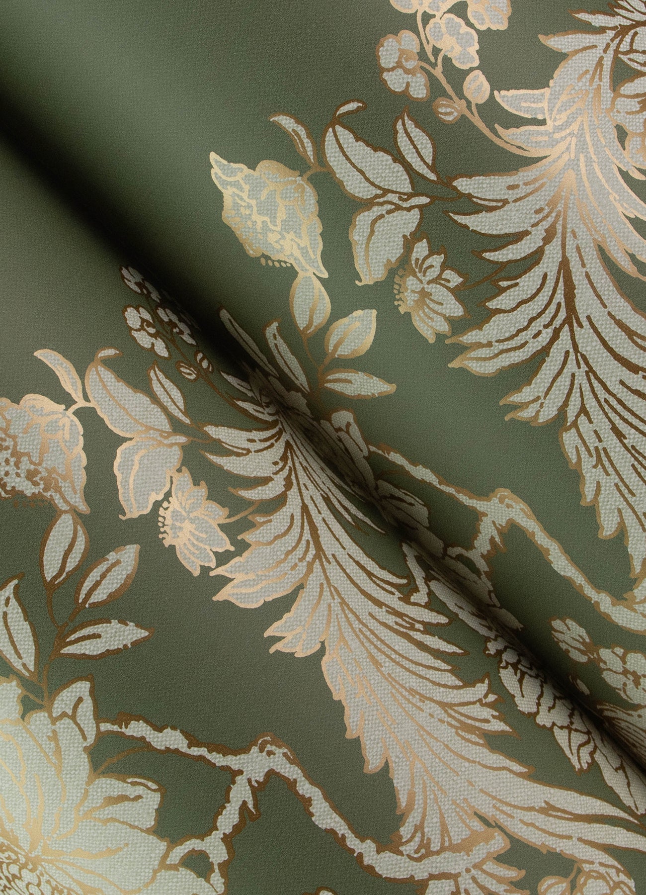 Olive green damask wallpaper with ivory floral pattern.