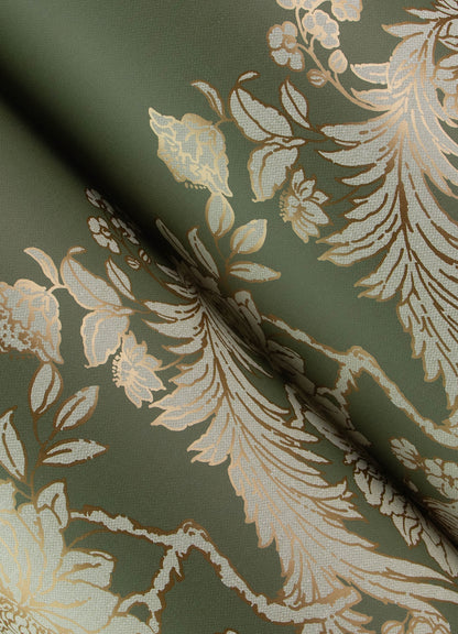 Olive green damask wallpaper with ivory floral pattern.