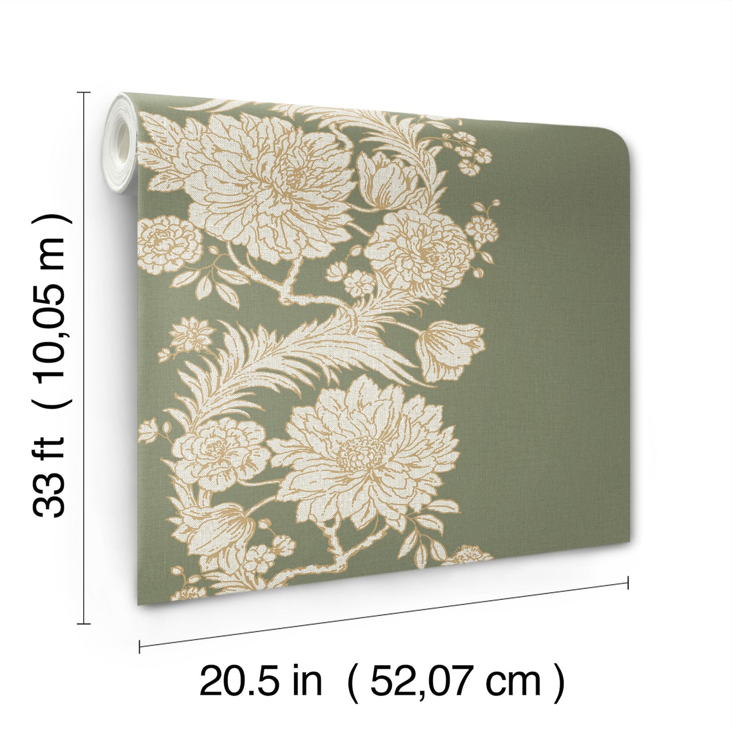 Olive green wallpaper with cream floral pattern; rolled sheet, 20.5 in wide, 33 ft long.