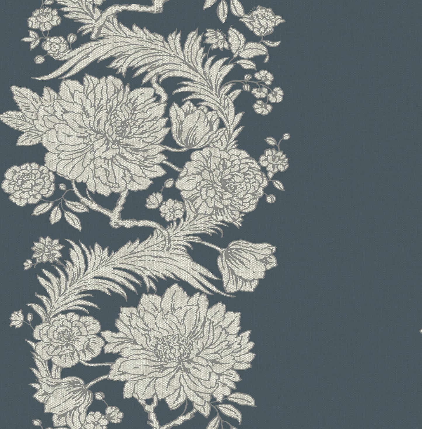 Cream peony blossoms with leaves in a floral damask pattern on a deep blue-gray background.
