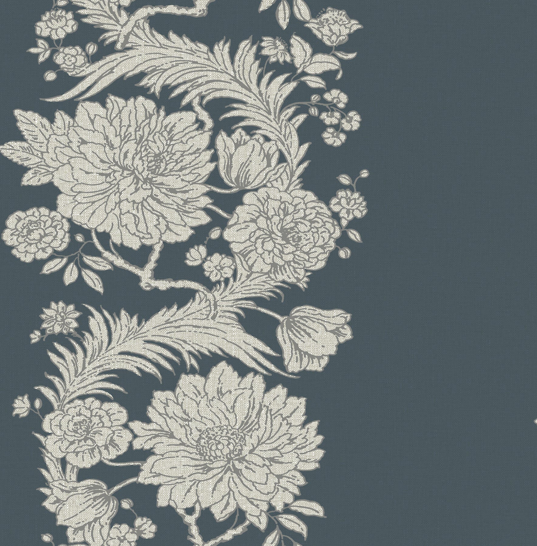 Cream peony blossoms with leaves in a floral damask pattern on a deep blue-gray background.