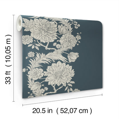 Dark blue wallpaper with beige floral pattern; rolled sheet, 20.5 in wide and 33 ft long.